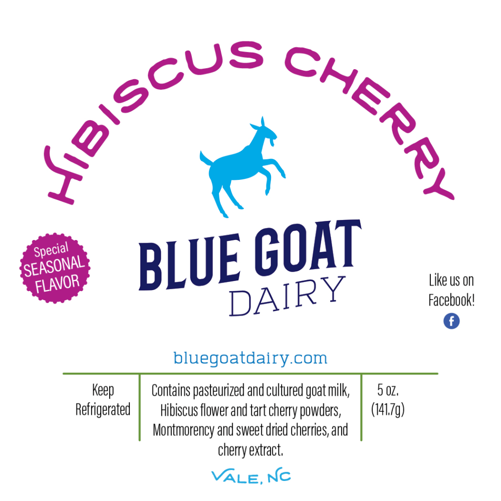 The Blue Goat Dairy Hibiscus Cherry label, listing its ingredients