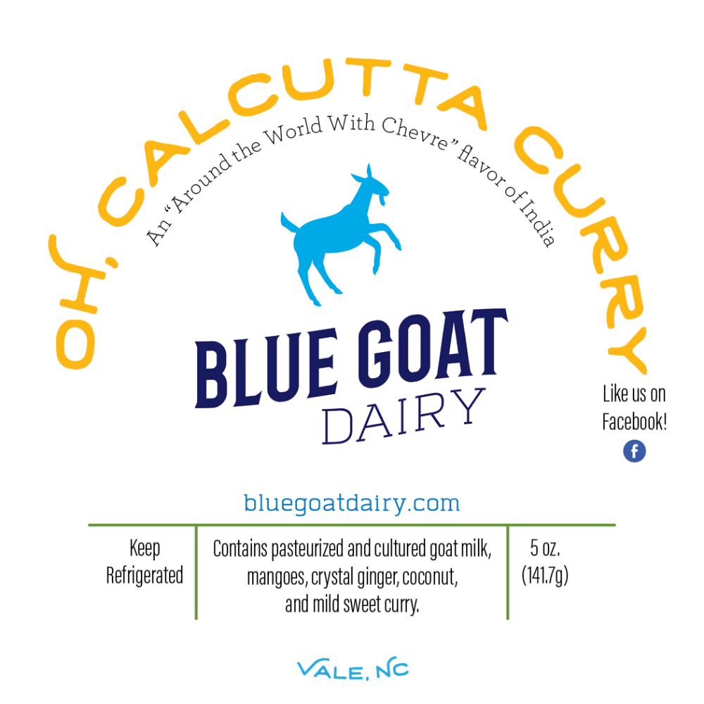 The Blue Goat Dairy Oh Calcutta, Curry label, listing its ingredients