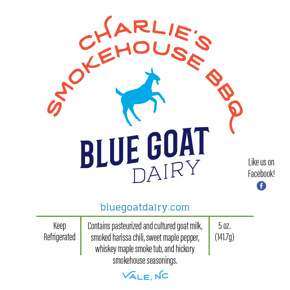 The Blue Goat Dairy Charlie's Smokehouse BBQ label, listing its ingredients