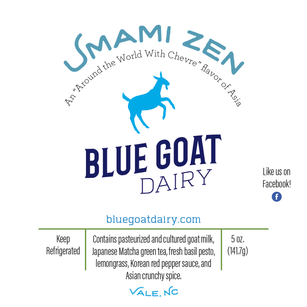 The Blue Goat Dairy Umami Zen label, listing its ingredients